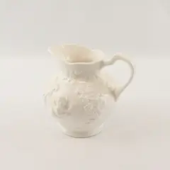 Vintage White Ceramic Miniature Pitcher Embossed Cherub Grape Vine Decor