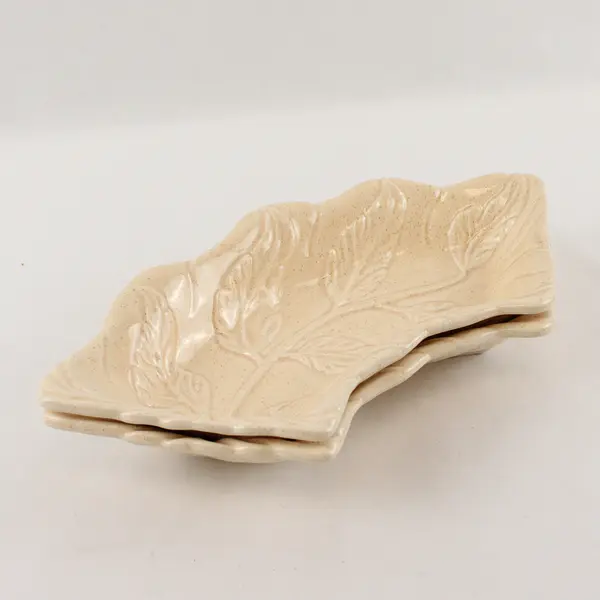 Set of 2 Vintage Beige Ceramic Leaf Serving Trays