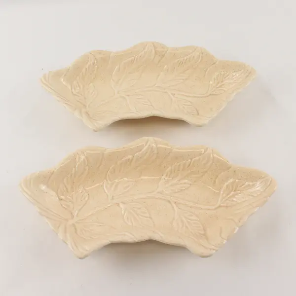 Set of 2 Vintage Beige Ceramic Leaf Serving Trays