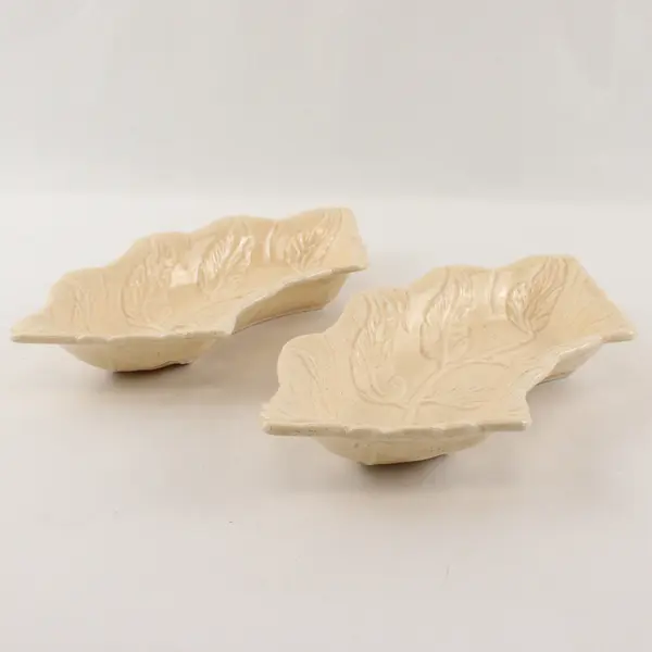 Set of 2 Vintage Beige Ceramic Leaf Serving Trays