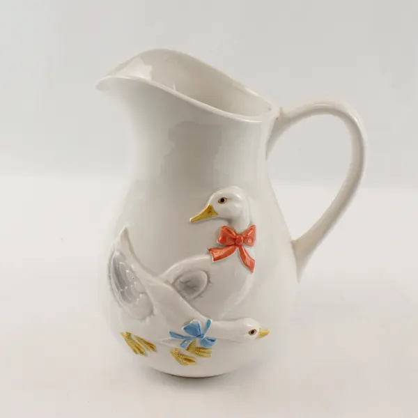 Otogiri White Ceramic Pitcher Hand-Painted Embossed 3D Geese