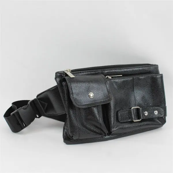 Black PU Leather Fanny Pack Multi-Zip Compartments Waist Bag New