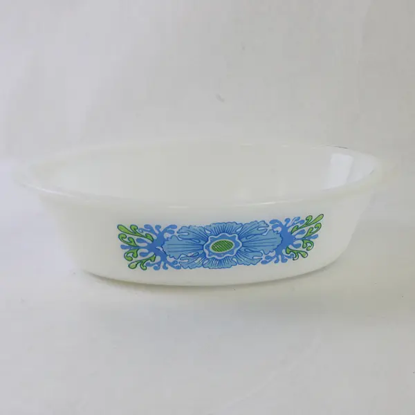 Vintage Glasbake White Oval Casserole Dish Mod Desert Flower Green Blue