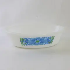 Vintage Glasbake White Oval Casserole Dish Mod Desert Flower Green Blue