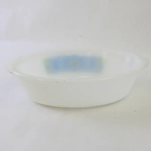 Vintage Glasbake White Oval Casserole Dish Mod Desert Flower Green Blue
