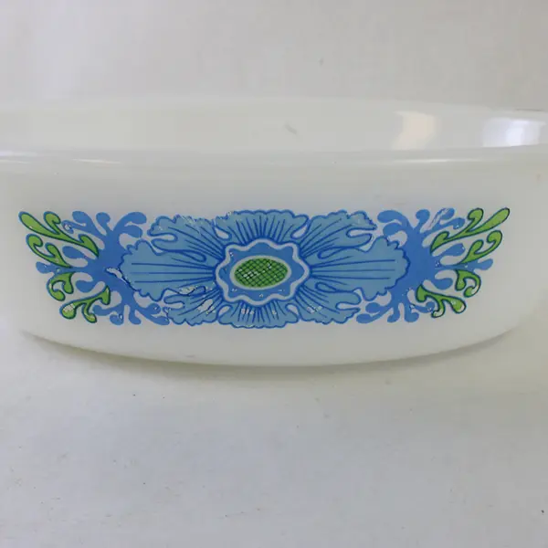 Vintage Glasbake White Oval Casserole Dish Mod Desert Flower Green Blue
