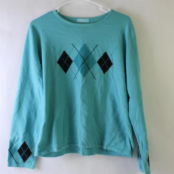 Jennifer Moore Turquoise Blue Argyle Sweater Women's Large FLAWED