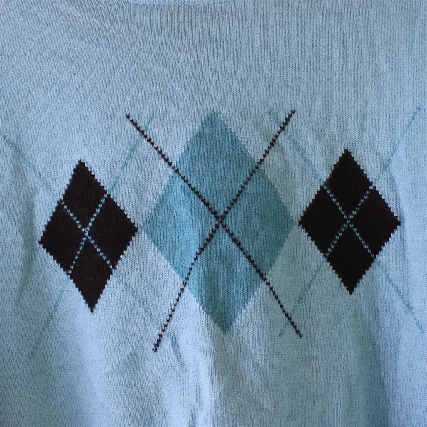 Jennifer Moore Turquoise Blue Argyle Sweater Women's Large FLAWED