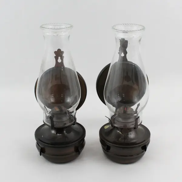 Lot of 2 Kaadan Ltd Bronze Tone Metal Kerosene Lamps Reflector Chimneys