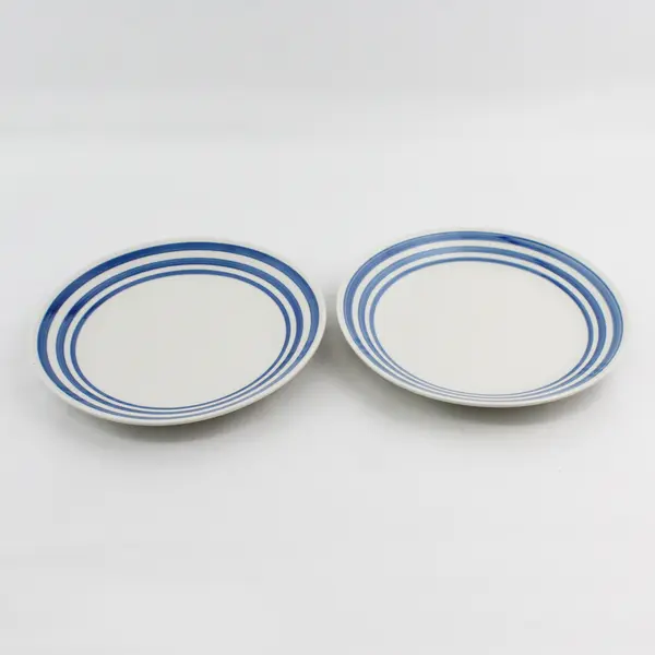 Set of 2 Everyday Gibson 9.75" Dinner Plates 4 Blue Rim Stripes