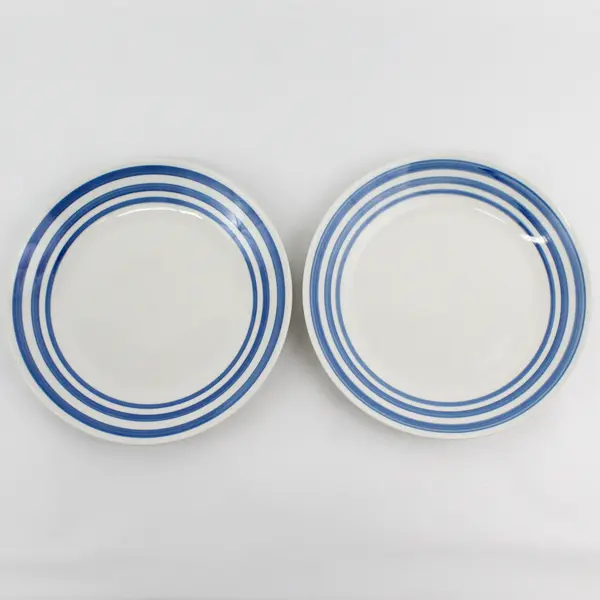 Set of 2 Everyday Gibson 9.75" Dinner Plates 4 Blue Rim Stripes