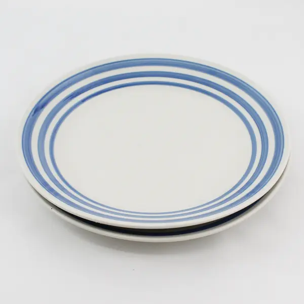 Set of 2 Everyday Gibson 9.75" Dinner Plates 4 Blue Rim Stripes