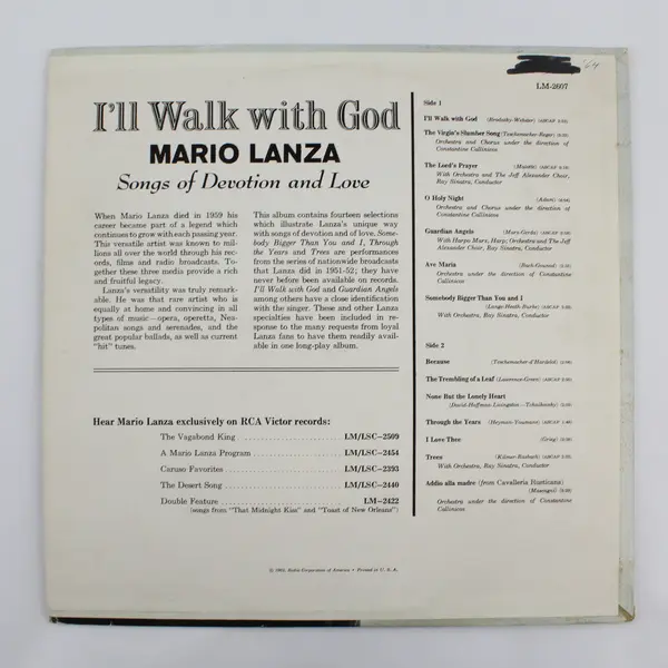 Mario Lanza -I’ll Walk With God- 12" Vinyl Record