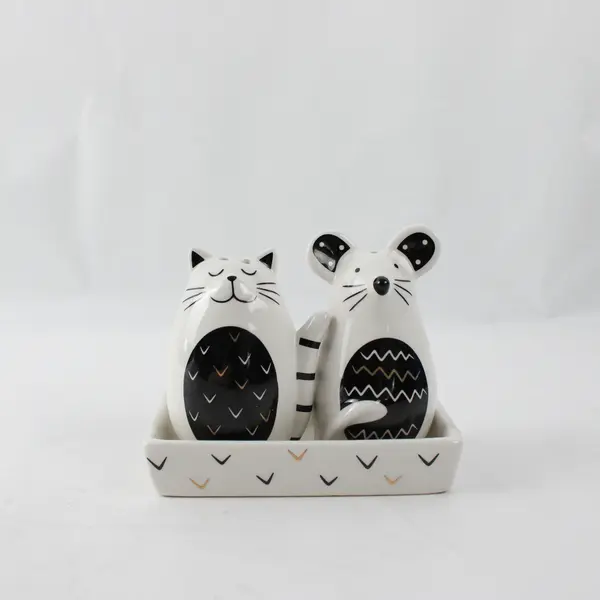 Formano Ceramic Salt & Pepper Shaker Set Cat Mouse 3 Piece