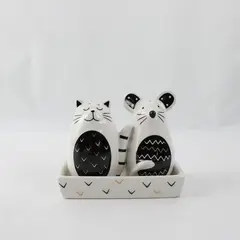 Formano Ceramic Salt & Pepper Shaker Set Cat Mouse 3 Piece
