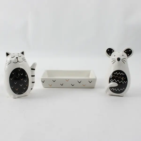 Formano Ceramic Salt & Pepper Shaker Set Cat Mouse 3 Piece