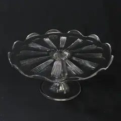 Clear Glass Pedestal Cake Stand Scalloped Rim Ribbed Pattern 9.5"