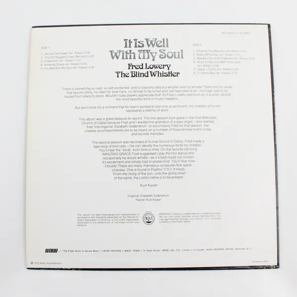 Fred Lowery The Blind Whistler It Is Well With My Soul 12" Vinyl Record