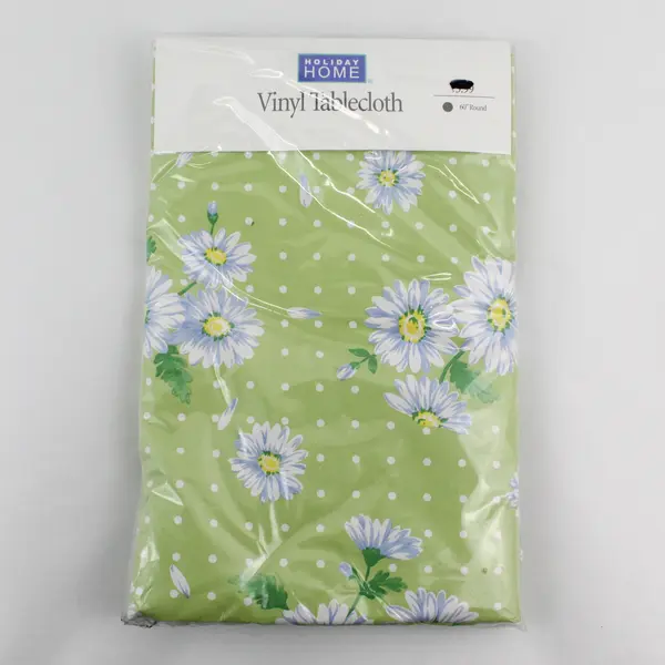 Holiday Home Vinyl Floral Tablecloth, Green Pastel 60" Round New 