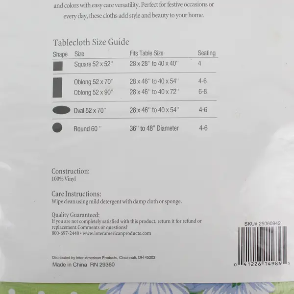 Holiday Home Vinyl Floral Tablecloth, Green Pastel 60" Round New 