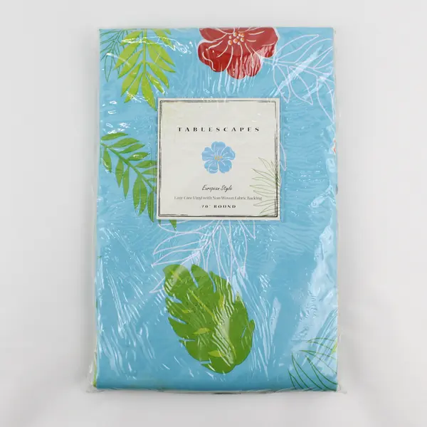 Tablescapes Hawaiian Tropical Flora Vinyl Tablecloth 70" Round, New