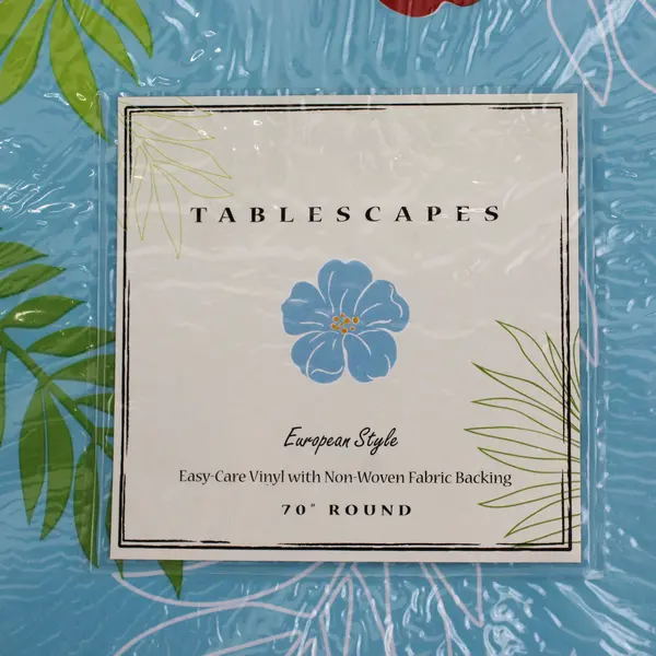 Tablescapes Hawaiian Tropical Flora Vinyl Tablecloth 70" Round, New