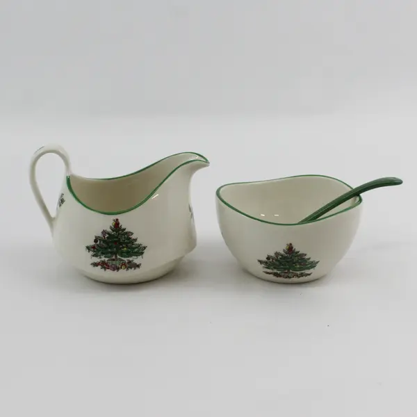 Spode Christmas Tree Creamer and Sugar Bowl Set With Spoon