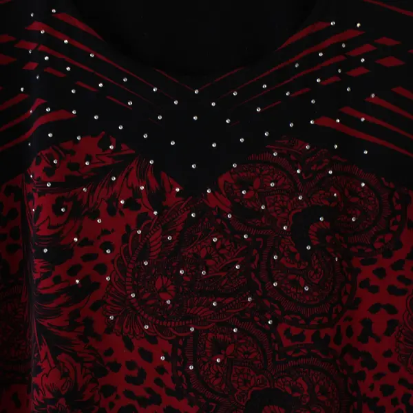 Women's Red Black Paisley Bedazzled 3/4 Sleeve Top Approx L