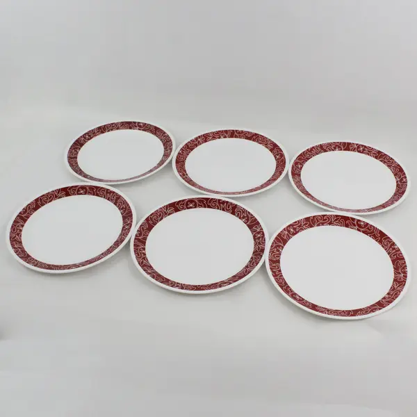 Set Of 6 Corelle Bandhani 10.25" Dinner Plates Red & White Floral Band On White 