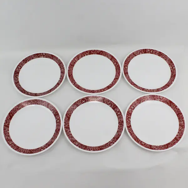 Set Of 6 Corelle Bandhani 10.25" Dinner Plates Red & White Floral Band On White 