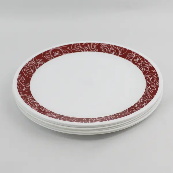 Set Of 6 Corelle Bandhani 10.25" Dinner Plates Red & White Floral Band On White 