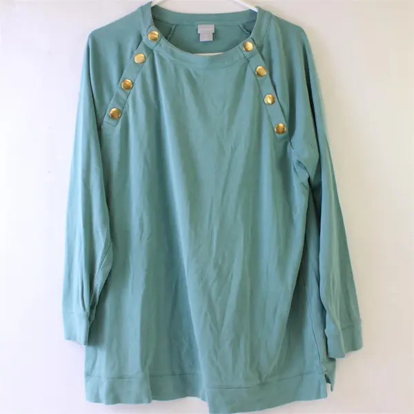 Chico's Seafoam Green Long-Sleeved Top Gold Button Accents Women's Large