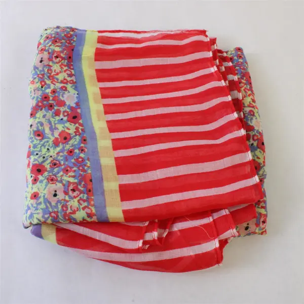Coral Green and Lavender Floral Print Striped Lightweight Scarf 35" x 70"