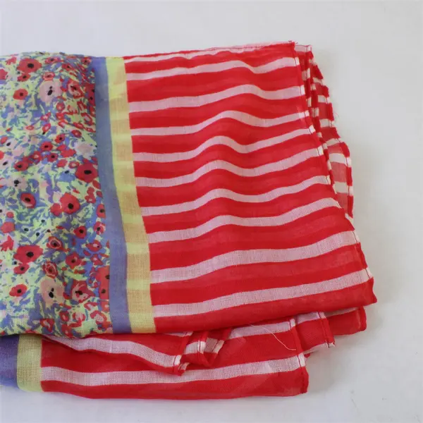 Coral Green and Lavender Floral Print Striped Lightweight Scarf 35" x 70"