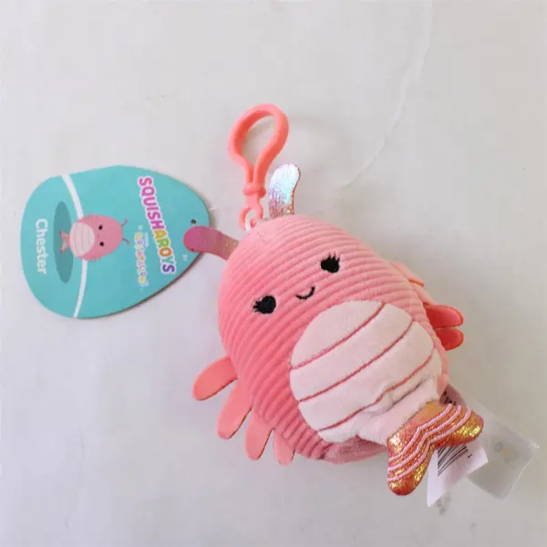 Kellytoy Squisharoys Chester the Shrimp Pink Keychain Clip-On