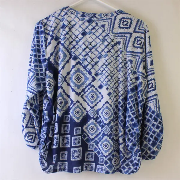Alfred Dunner Petite PM Blue White Patterned 3/4 Sleeve Blouse