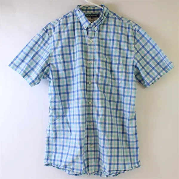 Old Navy Men's LT Tall Slim Fit Blue White Checkered Short Sleeve Button Down