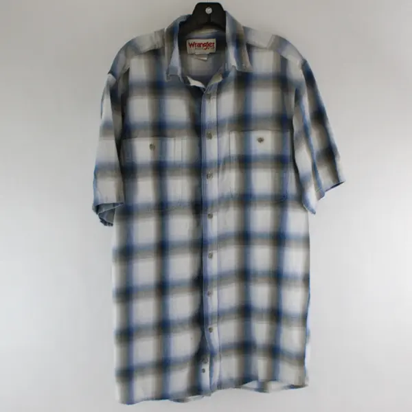 Wrangler Rugged Wear Mens Short Sleeve Blue Gray Plaid Button-Up Shirt L