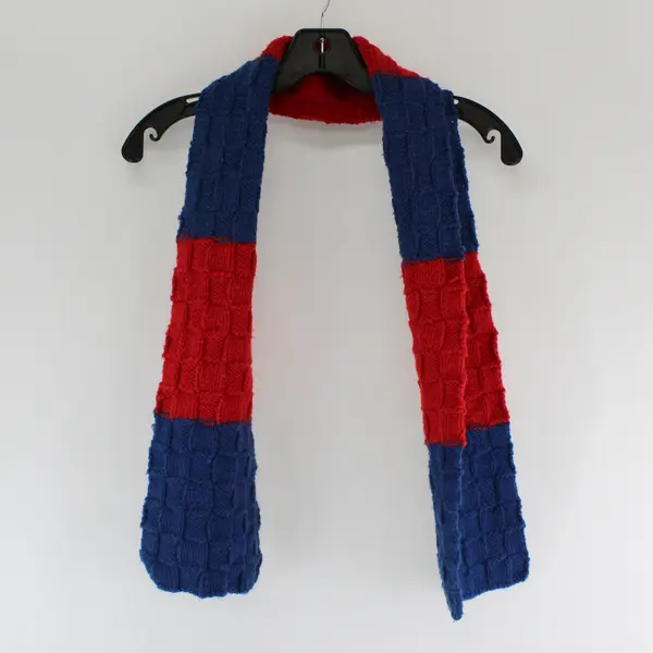 Handmade Red and Blue Knit Scarf 6" x 54"