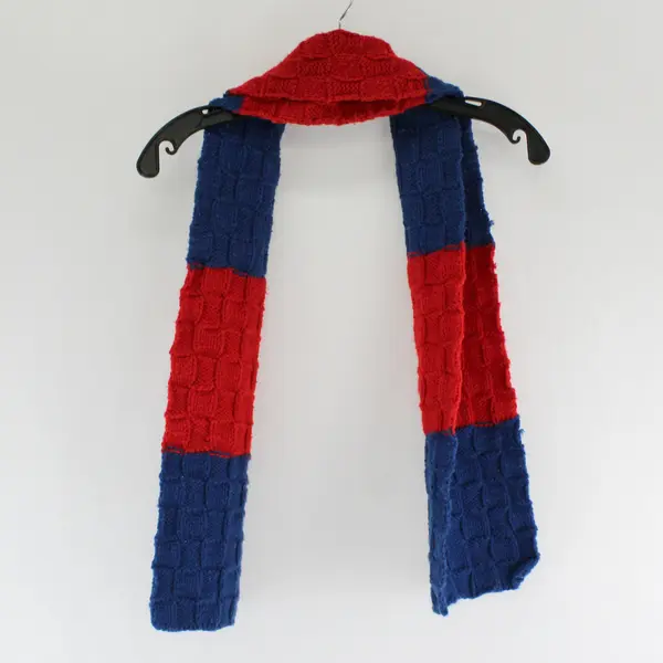 Handmade Red and Blue Knit Scarf 6" x 54"