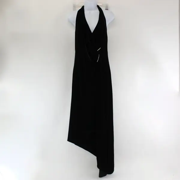 Robbie Bee Black Velour Asymmetric Hem Halter Dress Women's Size 12 