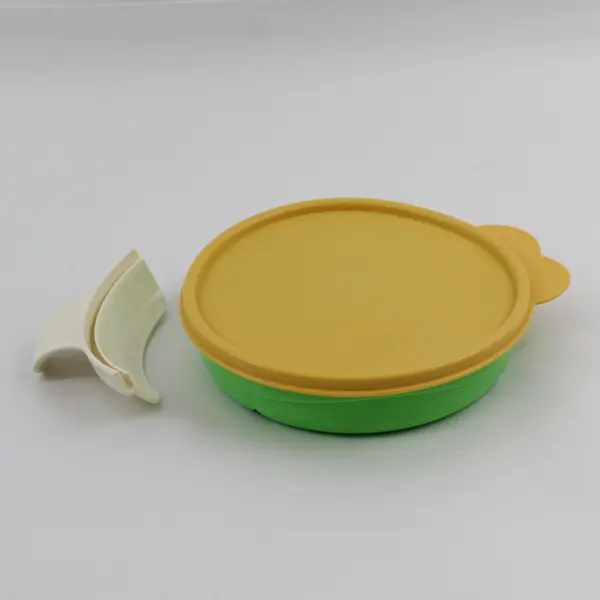 Tupperware 2552A-4 Divided Green Container with Yellow Lid and Handle Accessory