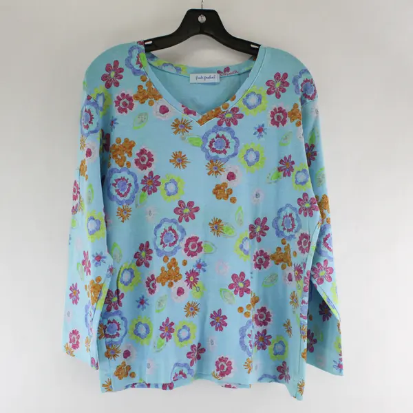 Fresh Produce Women's L Blue Floral Knit Long Sleeve V-Neck Pullover Top