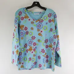 Fresh Produce Women's L Blue Floral Knit Long Sleeve V-Neck Pullover Top