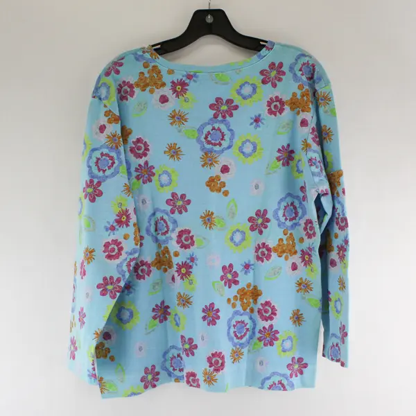 Fresh Produce Women's L Blue Floral Knit Long Sleeve V-Neck Pullover Top