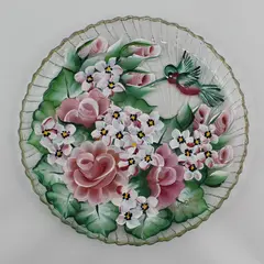 Hand Painted Glass Hummingbird And Flowers Plate Signed Wynona 2007