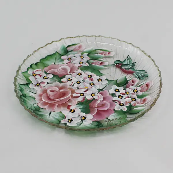 Hand Painted Glass Hummingbird And Flowers Plate Signed Wynona 2007