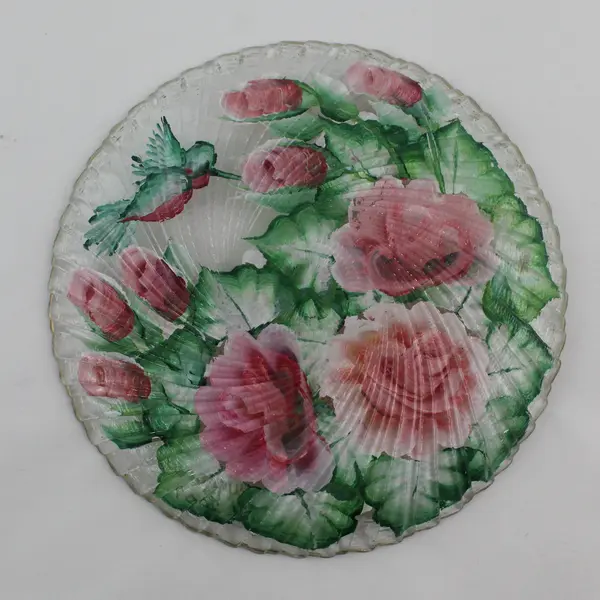 Hand Painted Glass Hummingbird And Flowers Plate Signed Wynona 2007