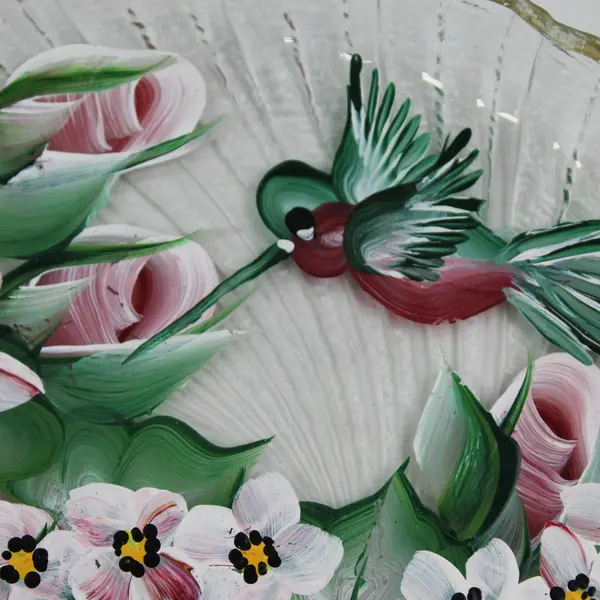 Hand Painted Glass Hummingbird And Flowers Plate Signed Wynona 2007