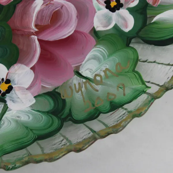 Hand Painted Glass Hummingbird And Flowers Plate Signed Wynona 2007